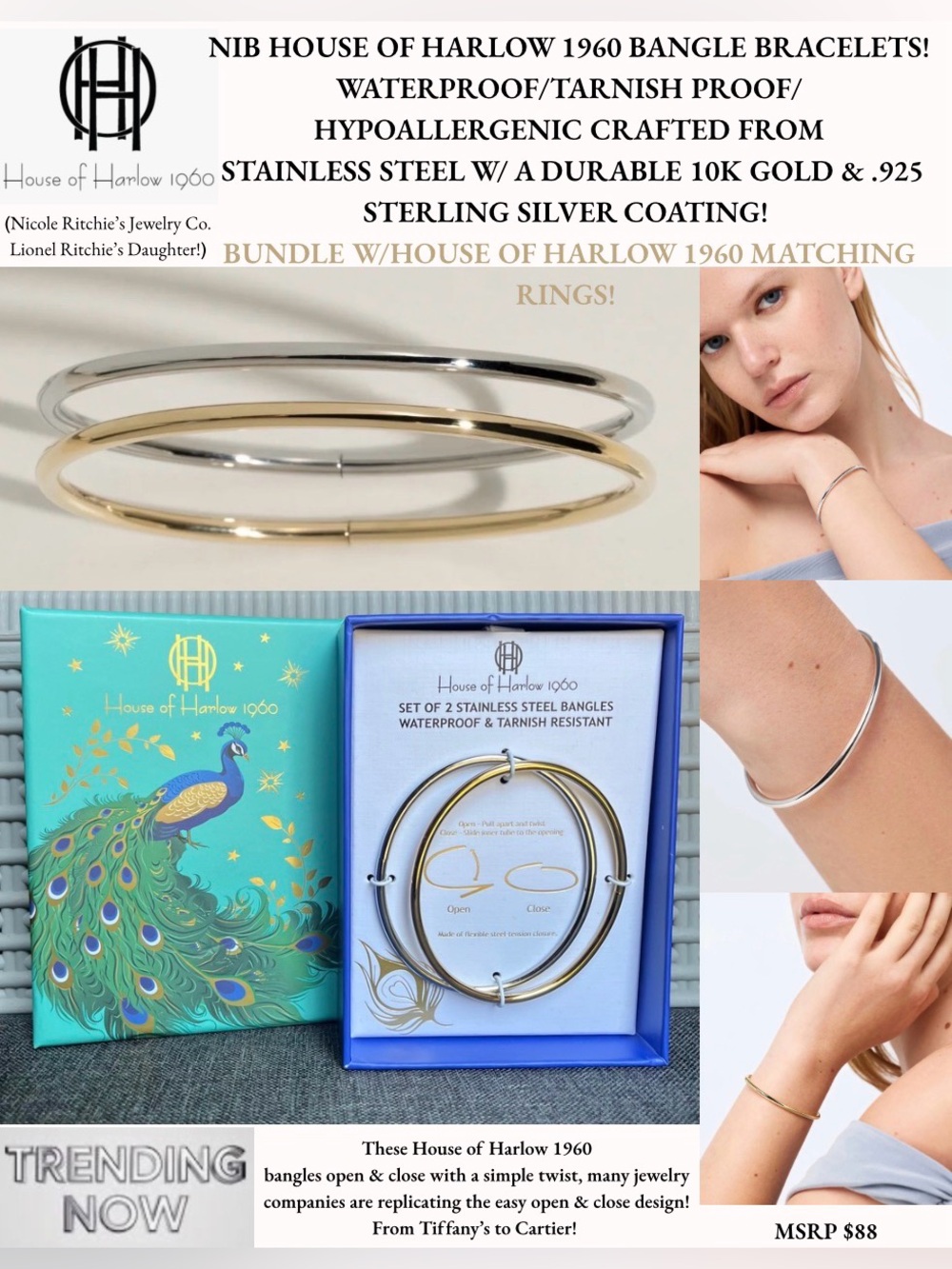 NIB HOUSE OF HARLOW 10KT GOLD & .925 STERLING SILVER BANGLE BRACELET DUO!